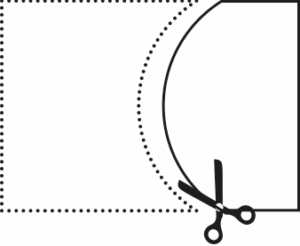 Symbol einer Schere, die eine Schablone entlang einer Rundung ausschneidet.