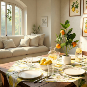 Mediterrane Esszimmerdekoration mit Zitronen-Tischdecke, Orangenbäumchen, Zitronen, Karaffen und sommerlicher Wohnatmosphäre im Dolce-Vita-Stil.