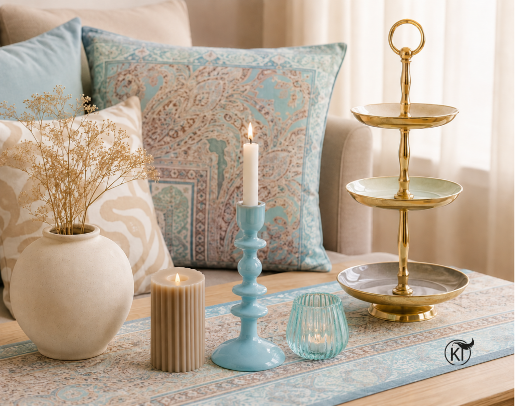 Modernes Wohnzimmer mit blau gepolsterten Sitzmöbeln, kleinem Couchtisch mit eleganter Deko‑Etagere, Kerzen, Kerzenhaltern und einem beige‑blauen Tischläufer; harmonische, elegante Atmosphäre in Blau‑Beige.