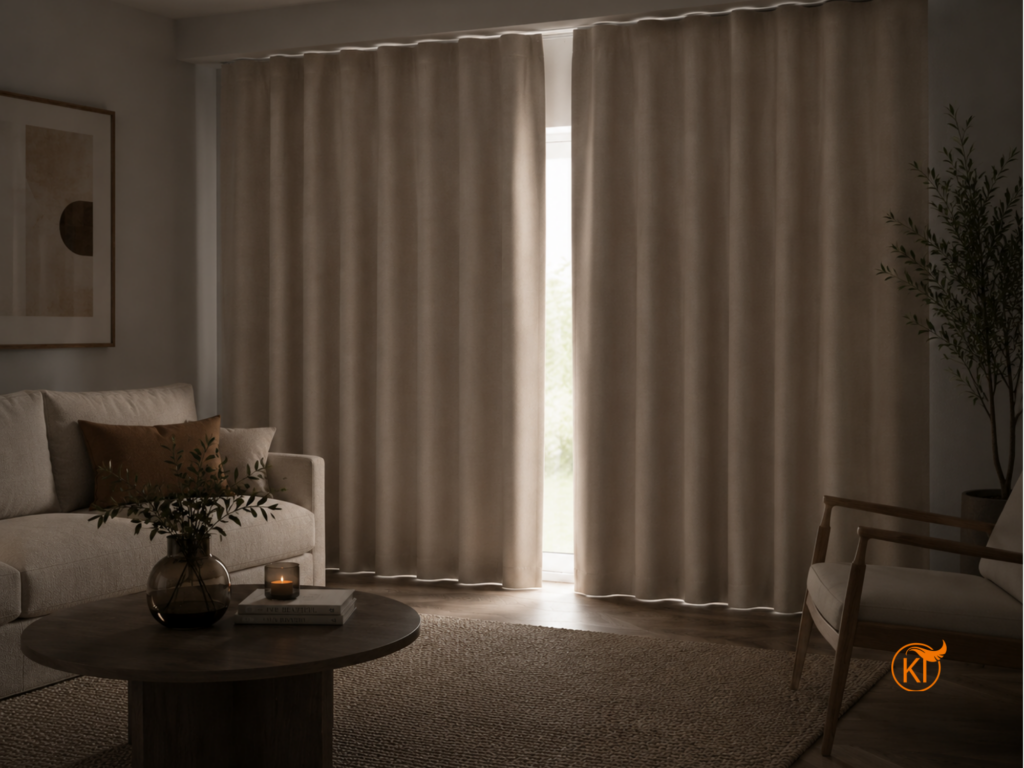 Verdunkelung mit Stil durch beige Dekostoffe vor einem hellen Fenster.